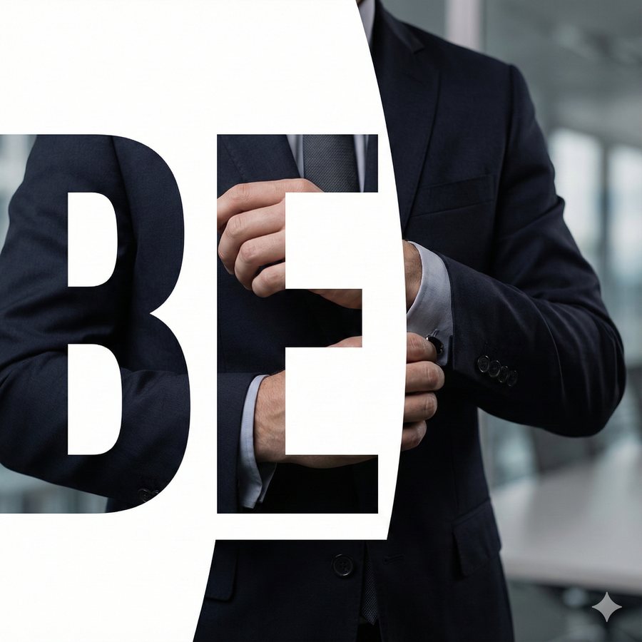 Detail of a tailored suit with the letters BE