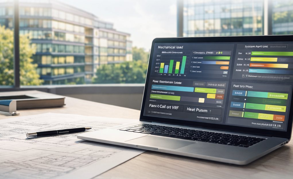 Engineering software open on a laptop, with office buildings behind