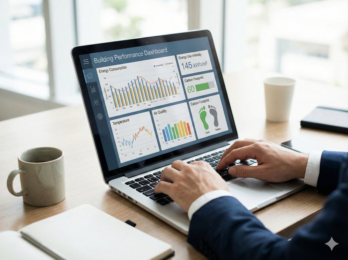 An engineer reviewing building performance charts on a laptop